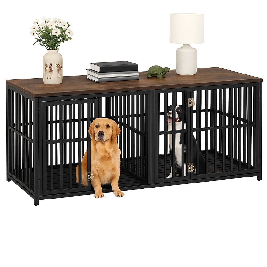 Canil Duplo Cercado Gaiola Para 2 Cães Cachorros Aparador Madeira Rack Mesa De Canto Suporte TV 3 Em 1