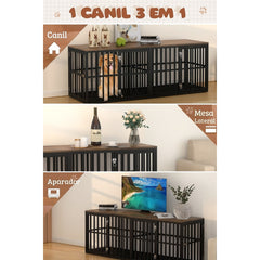 Canil Duplo Cercado Gaiola Para 2 Cães Cachorros Aparador Madeira Rack Mesa De Canto Suporte TV 3 Em 1